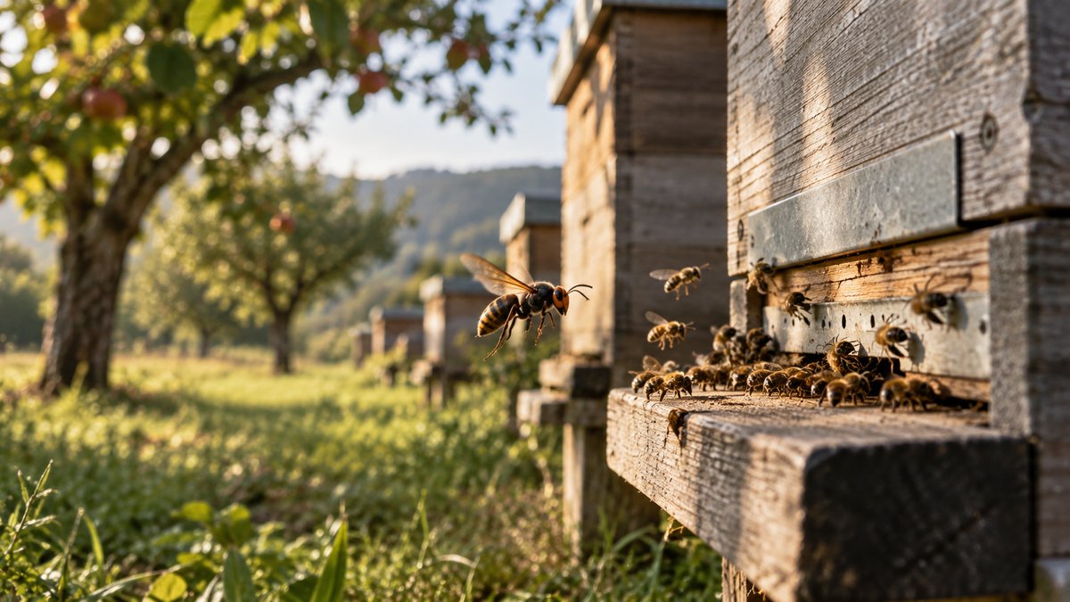Frelon asiatique devant une ruche d'abeilles
