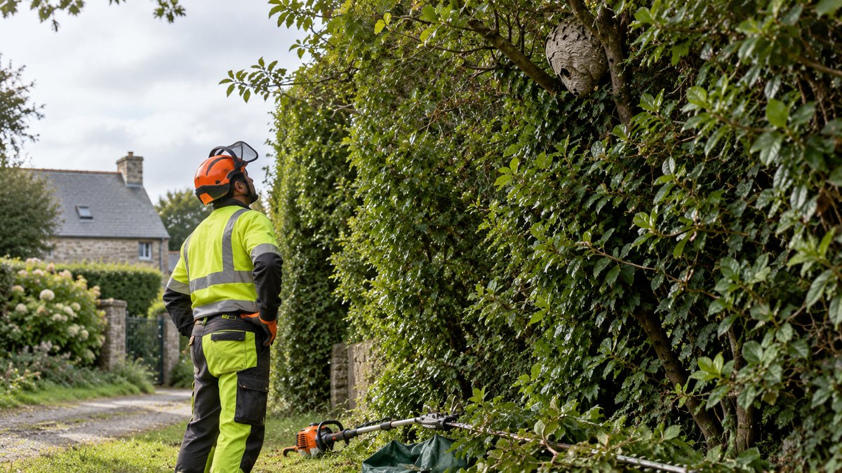 Technicien devant un nid de frelons dans une haie